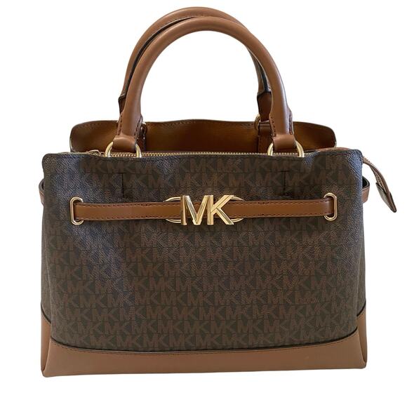 Michael Kors Reed Large Leather Satchel Crossbody Bag Brown Purse READ - Picture 1 of 14